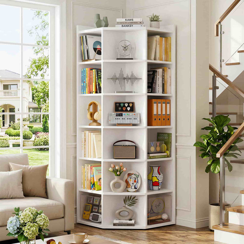 7-Tier Wooden Corner Cube Bookshelf, Corner Storage Cabinet with 18 Cubes