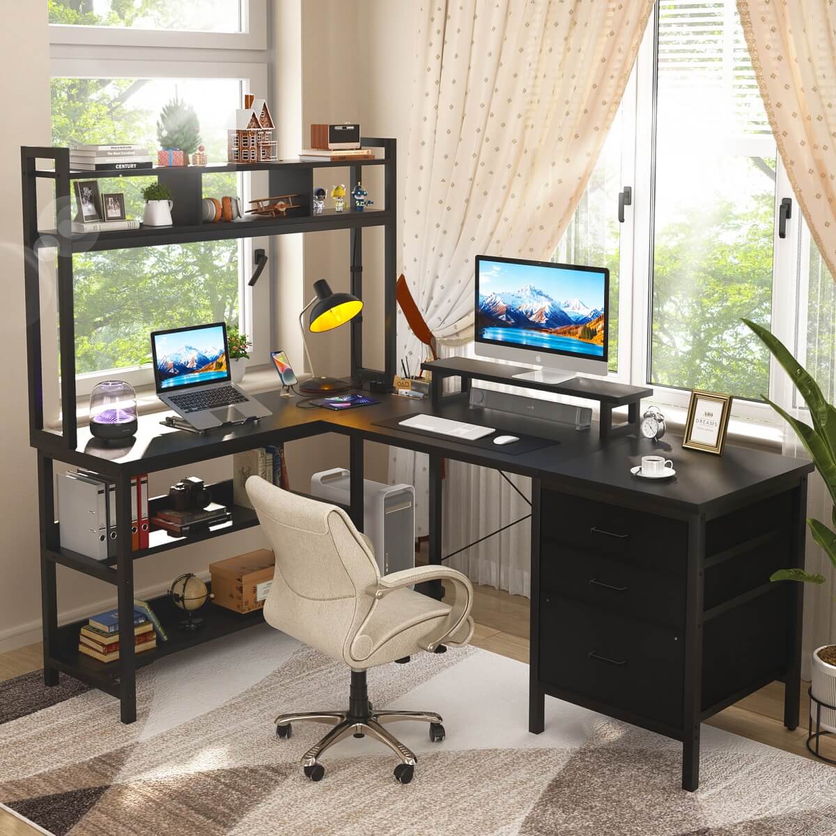 Aheaplus L Shaped Desk with Hutch Storage, Drawers & Power Outlets