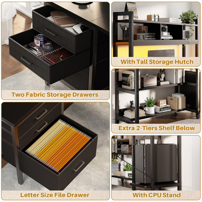 L Shaped Desk with Hutch Storage, Drawers & Power Outlets