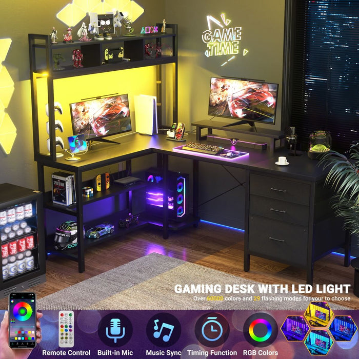 L Shaped Desk with Hutch Storage, Drawers & Power Outlets