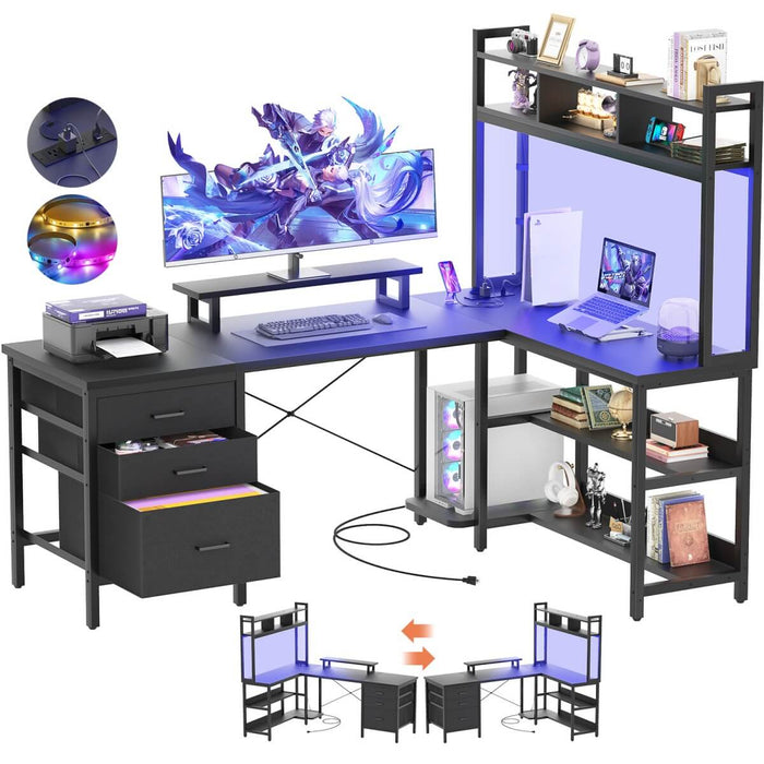 L Shaped Desk with Hutch Storage, Drawers & Power Outlets