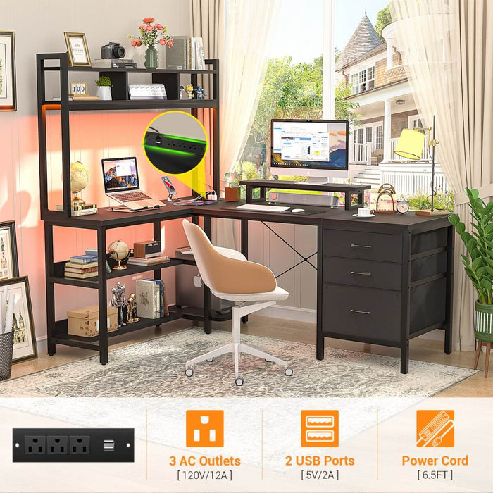 L Shaped Desk with Hutch Storage, Drawers & Power Outlets