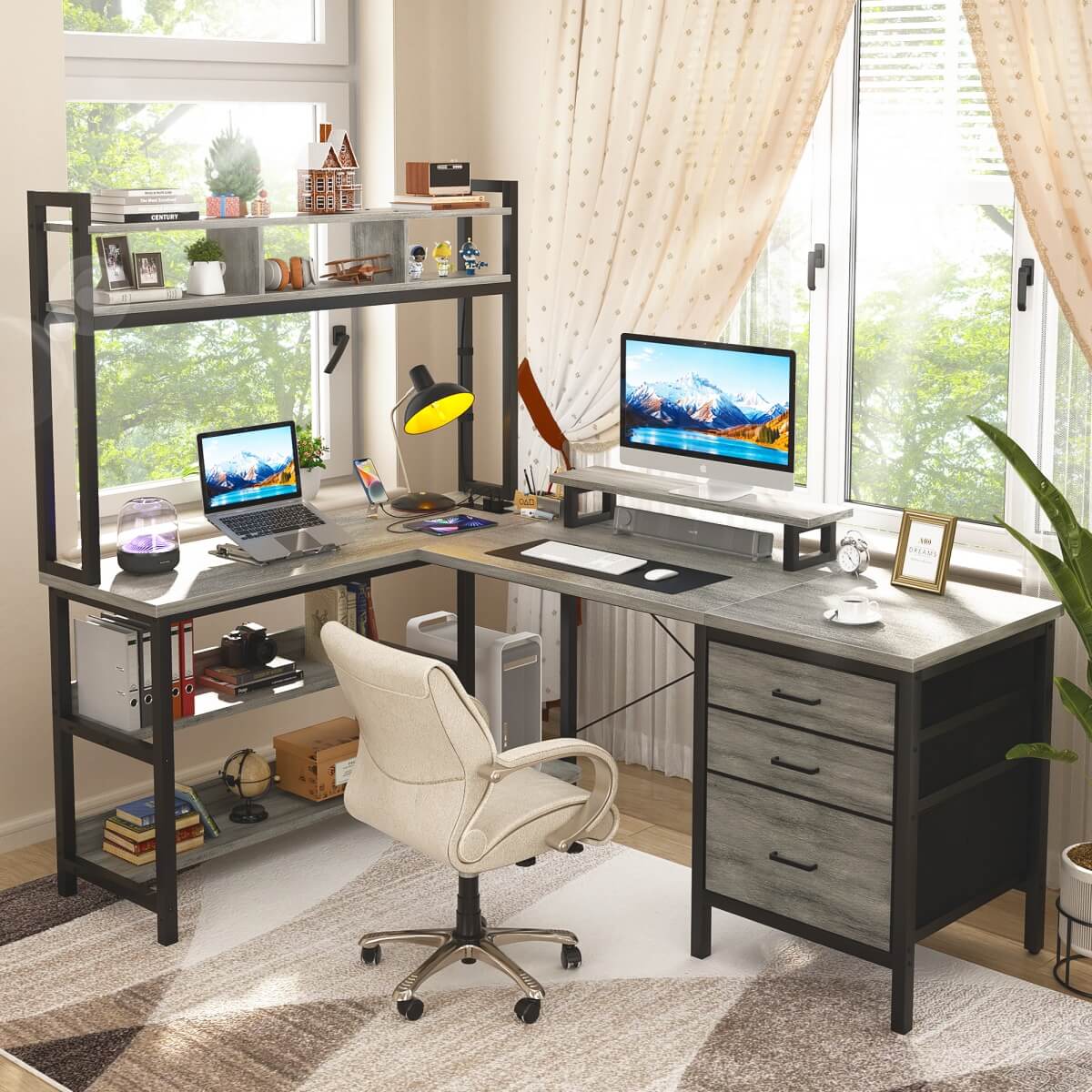Aheaplus L Shaped Desk with Hutch Storage, Drawers & Power Outlets