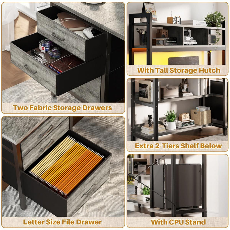 L Shaped Desk with Hutch Storage, Drawers & Power Outlets