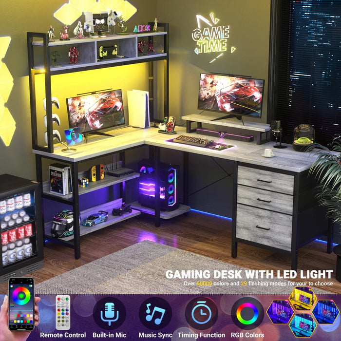 L Shaped Desk with Hutch Storage, Drawers & Power Outlets