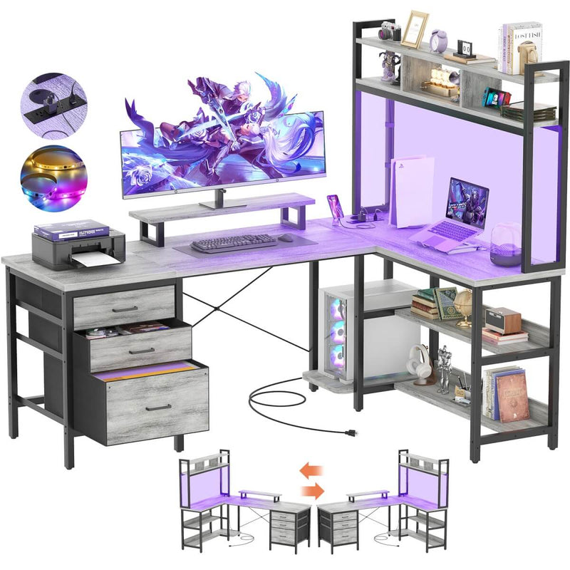 L Shaped Desk with Hutch Storage, Drawers & Power Outlets