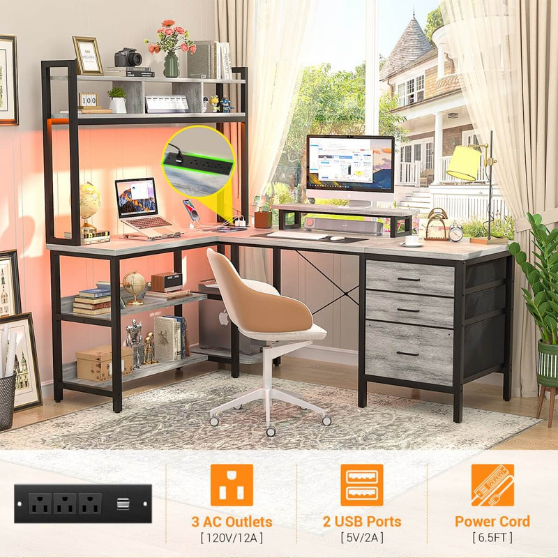 L Shaped Desk with Hutch Storage, Drawers & Power Outlets