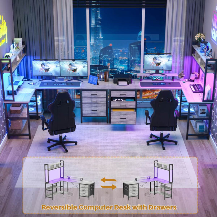 L Shaped Desk with Hutch Storage, Drawers & Power Outlets