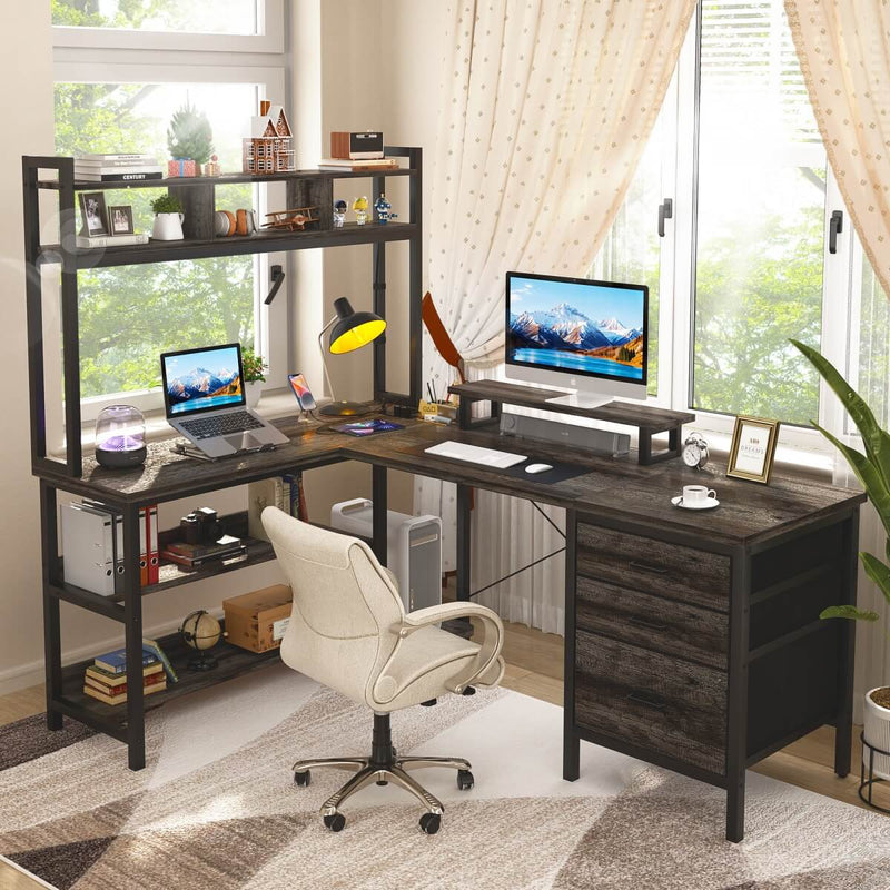 L Shaped Desk with Hutch Storage, Drawers & Power Outlets