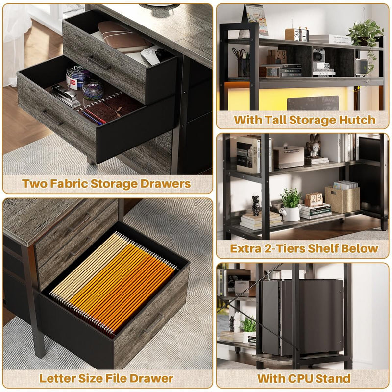 L Shaped Desk with Hutch Storage, Drawers & Power Outlets