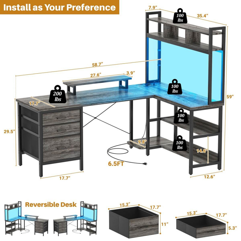 L Shaped Desk with Hutch Storage, Drawers & Power Outlets