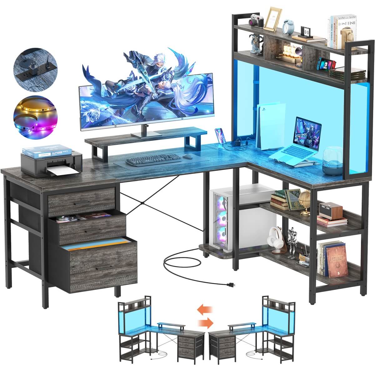 Aheaplus L Shaped Desk with Hutch Storage, Drawers & Power Outlets
