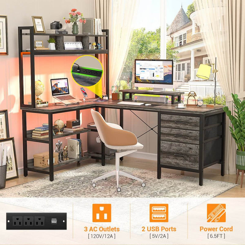 L Shaped Desk with Hutch Storage, Drawers & Power Outlets