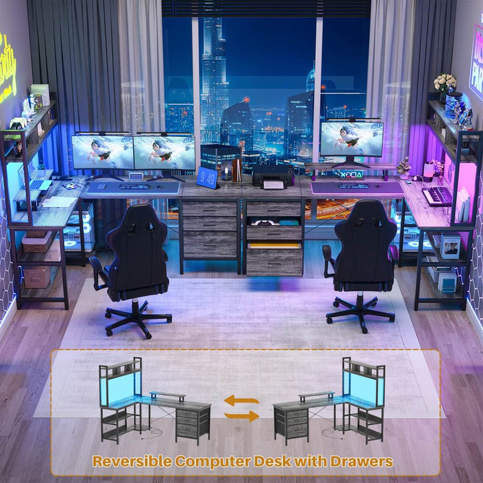 L Shaped Desk with Hutch Storage, Drawers & Power Outlets