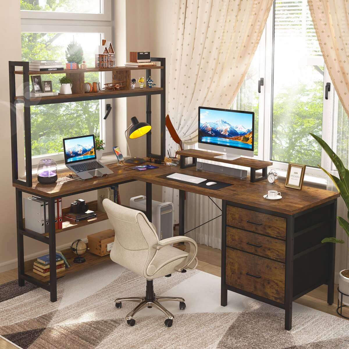 Aheaplus L Shaped Desk with Hutch Storage, Drawers & Power Outlets