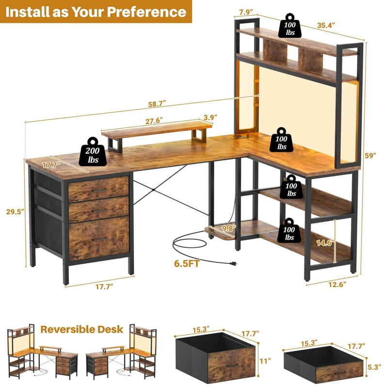 L Shaped Desk with Hutch Storage, Drawers & Power Outlets