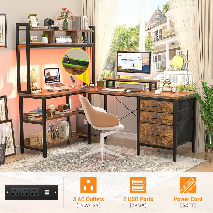 L Shaped Desk with Hutch Storage, Drawers & Power Outlets