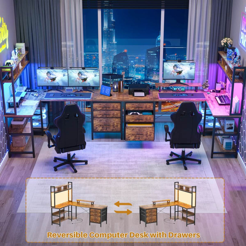 L Shaped Desk with Hutch Storage, Drawers & Power Outlets