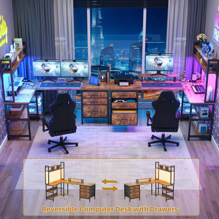 L Shaped Desk with Hutch Storage, Drawers & Power Outlets