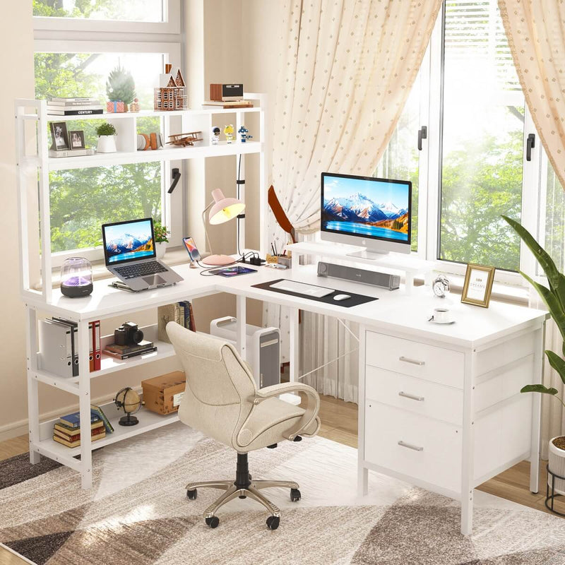 L Shaped Desk with Hutch Storage, Drawers & Power Outlets