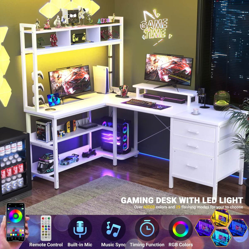 L Shaped Desk with Hutch Storage, Drawers & Power Outlets