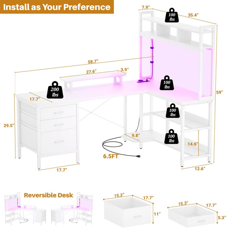 L Shaped Desk with Hutch Storage, Drawers & Power Outlets