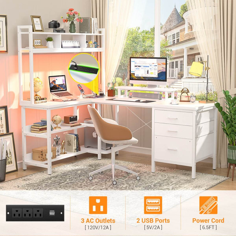 L Shaped Desk with Hutch Storage, Drawers & Power Outlets