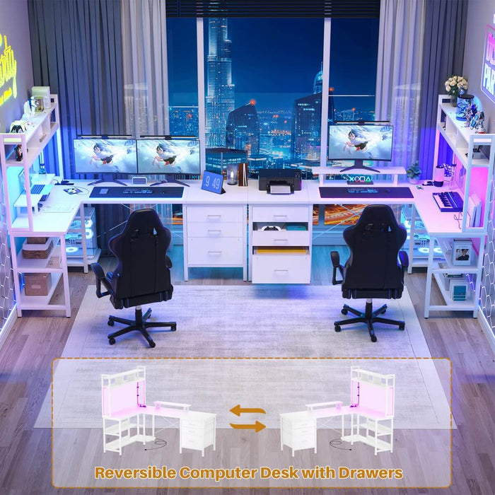 L Shaped Desk with Hutch Storage, Drawers & Power Outlets