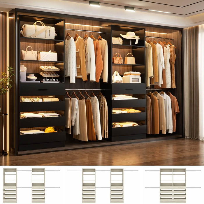 6-15FT Adjustable Closet Organizer with 8 Wooden Drawers, 4 Hanging Rods and Open Storage Shelves