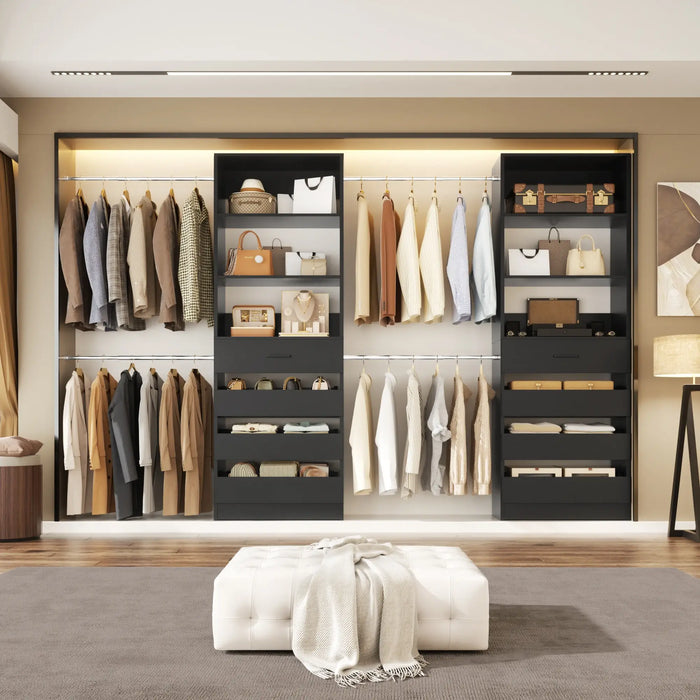 6-15FT Adjustable Closet Organizer with 8 Wooden Drawers, 4 Hanging Rods and Open Storage Shelves