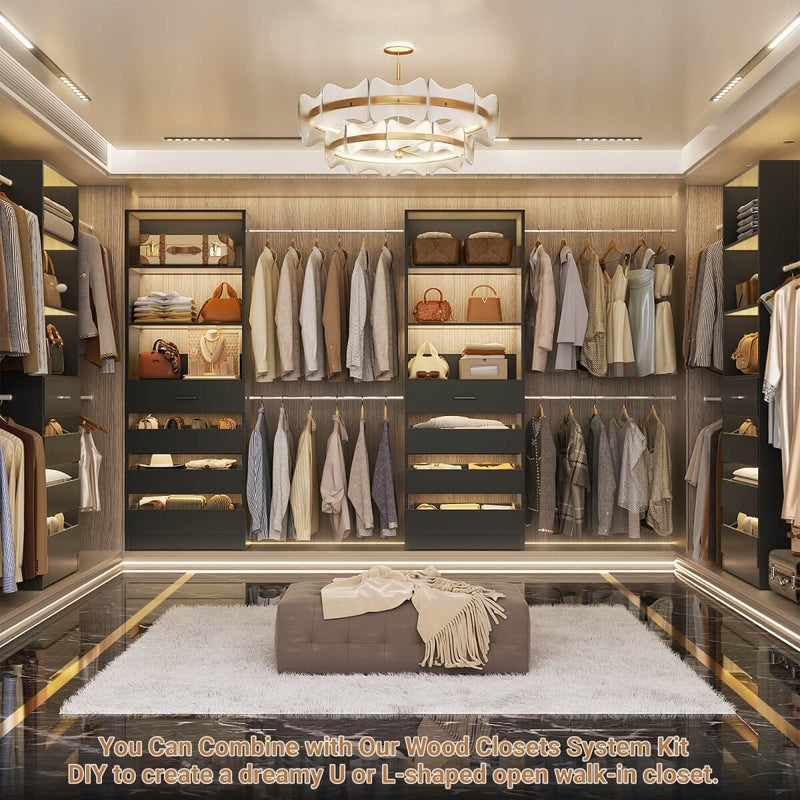 6-15FT Adjustable Closet Organizer with 8 Wooden Drawers, 4 Hanging Rods and Open Storage Shelves