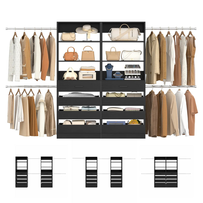 6-15FT Adjustable Closet Organizer with 8 Wooden Drawers, 4 Hanging Rods and Open Storage Shelves