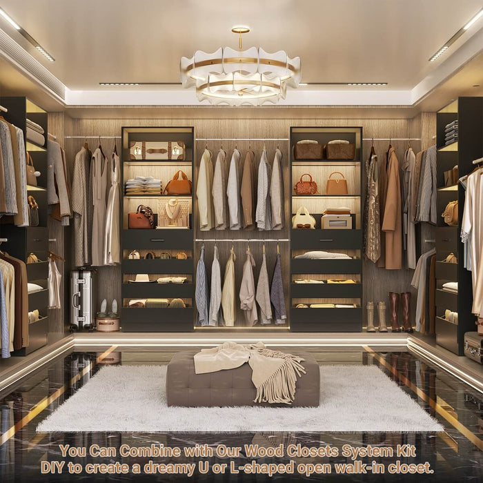 6-15FT Adjustable Closet Organizer with 8 Wooden Drawers, 4 Hanging Rods and Open Storage Shelves