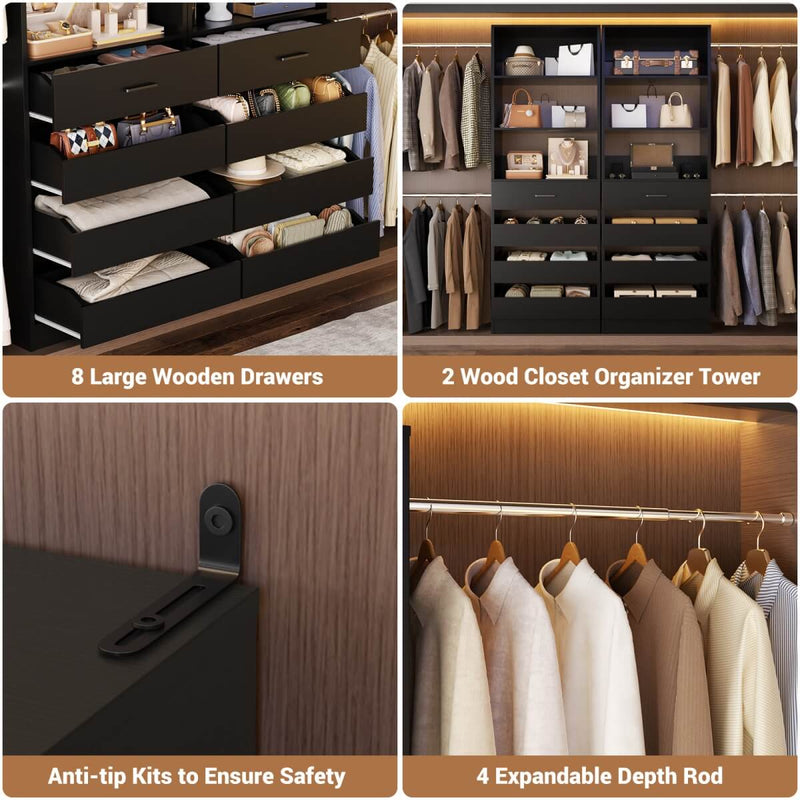 6-15FT Adjustable Closet Organizer with 8 Wooden Drawers, 4 Hanging Rods and Open Storage Shelves