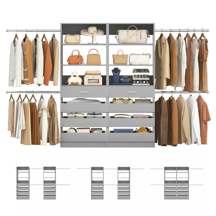 6-15FT Adjustable Closet Organizer with 8 Wooden Drawers, 4 Hanging Rods and Open Storage Shelves