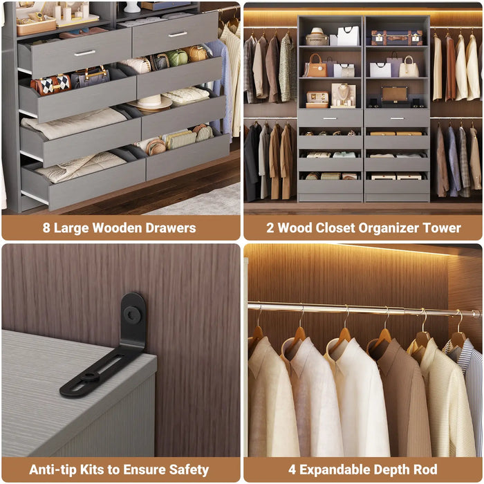 6-15FT Adjustable Closet Organizer with 8 Wooden Drawers, 4 Hanging Rods and Open Storage Shelves