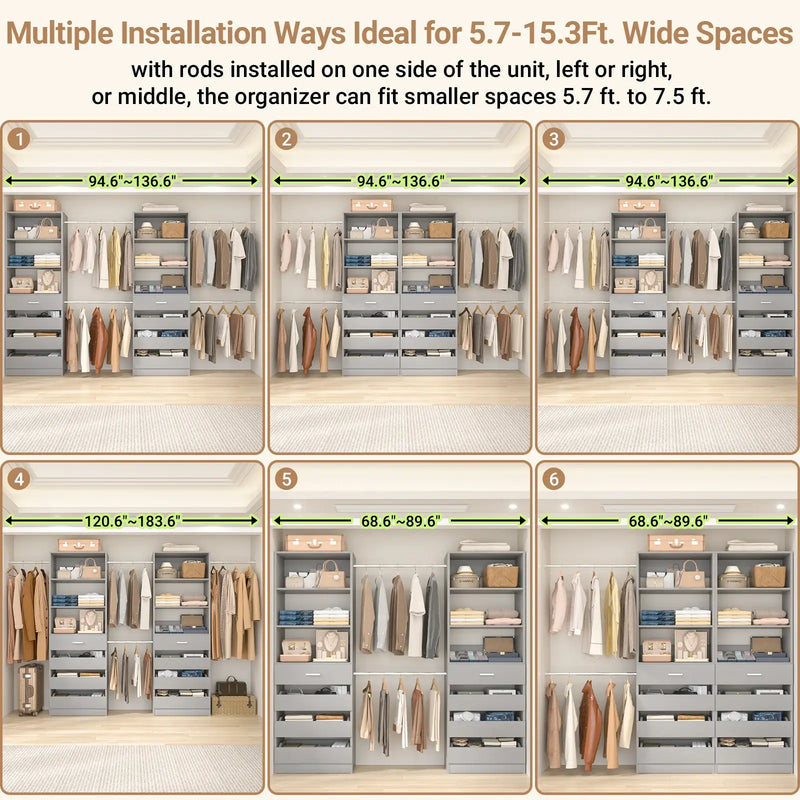 6-15FT Adjustable Closet Organizer with 8 Wooden Drawers, 4 Hanging Rods and Open Storage Shelves