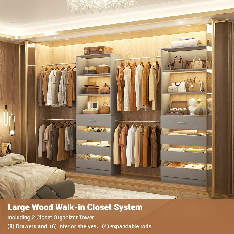 6-15FT Adjustable Closet Organizer with 8 Wooden Drawers, 4 Hanging Rods and Open Storage Shelves