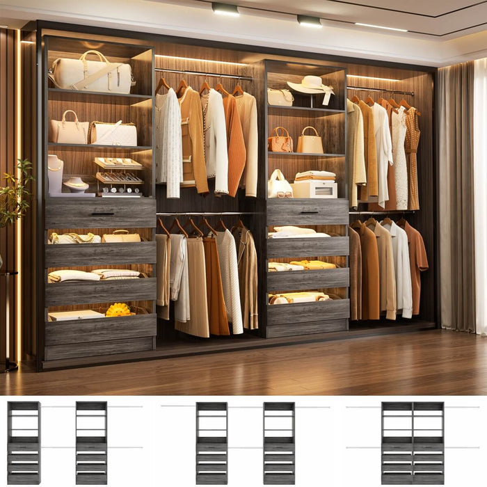 6-15FT Adjustable Closet Organizer with 8 Wooden Drawers, 4 Hanging Rods and Open Storage Shelves