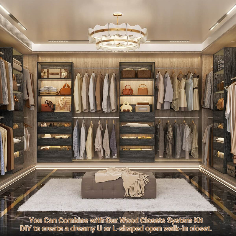 6-15FT Adjustable Closet Organizer with 8 Wooden Drawers, 4 Hanging Rods and Open Storage Shelves