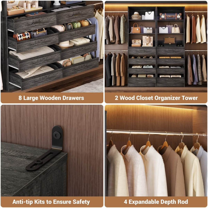 6-15FT Adjustable Closet Organizer with 8 Wooden Drawers, 4 Hanging Rods and Open Storage Shelves