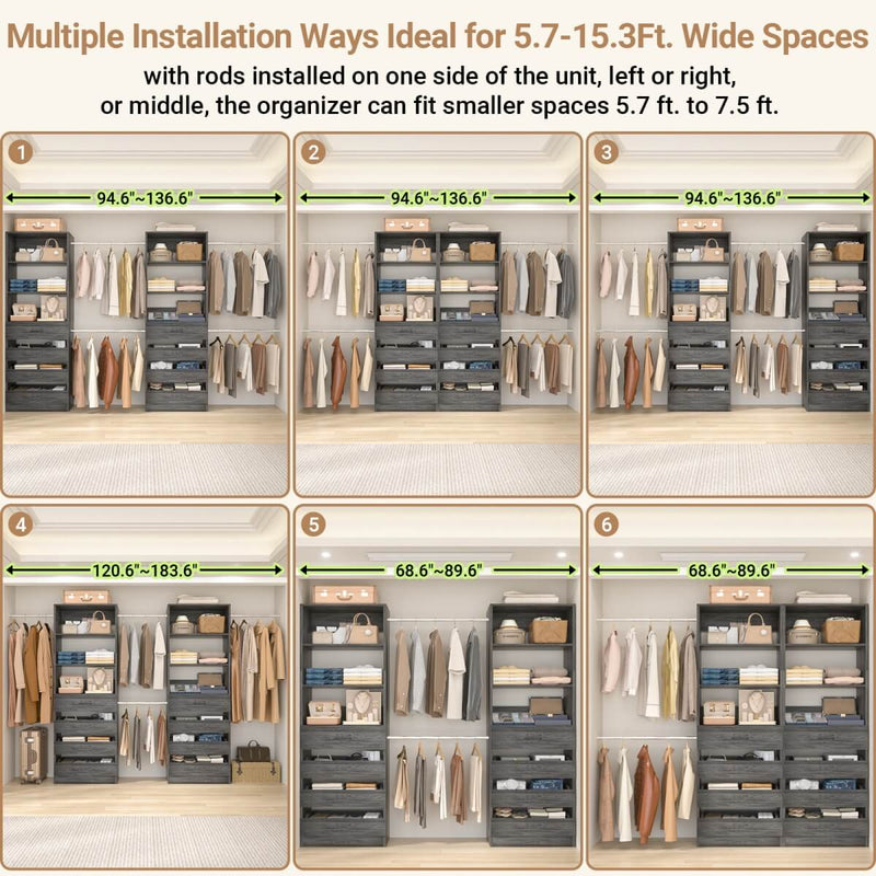 6-15FT Adjustable Closet Organizer with 8 Wooden Drawers, 4 Hanging Rods and Open Storage Shelves