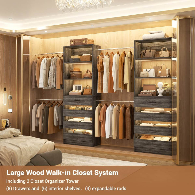 6-15FT Adjustable Closet Organizer with 8 Wooden Drawers, 4 Hanging Rods and Open Storage Shelves