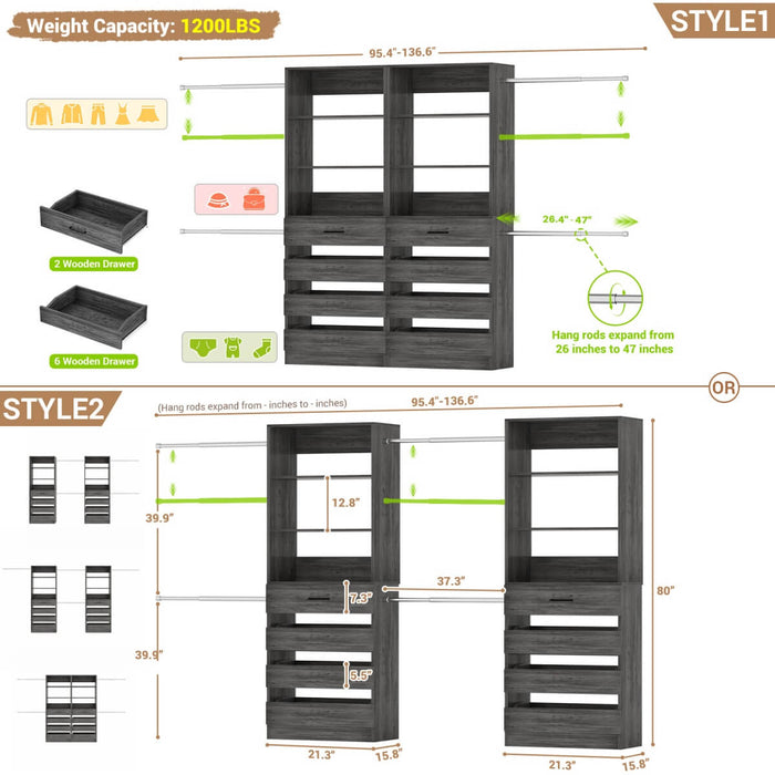 6-15FT Adjustable Closet Organizer with 8 Wooden Drawers, 4 Hanging Rods and Open Storage Shelves