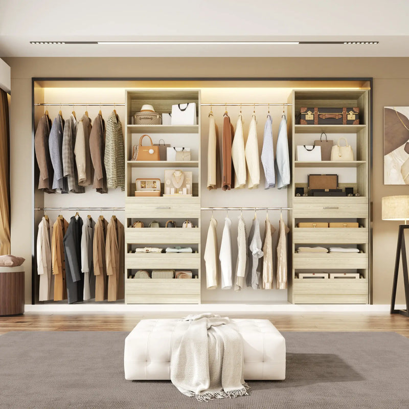 6-15FT Adjustable Closet Organizer with 8 Wooden Drawers, 4 Hanging Rods and Open Storage Shelves