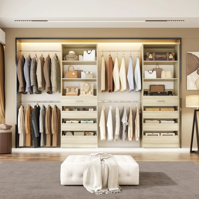 6-15FT Adjustable Closet Organizer with 8 Wooden Drawers, 4 Hanging Rods and Open Storage Shelves