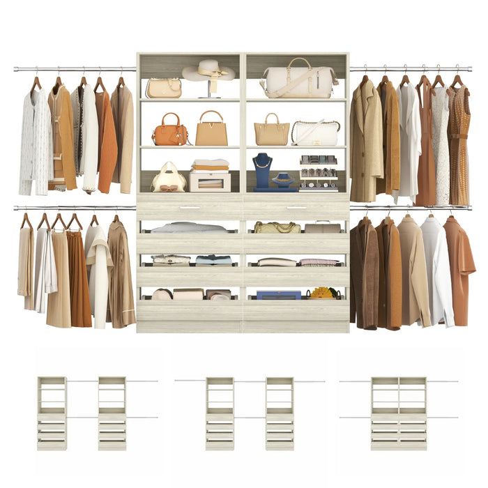 6-15FT Adjustable Closet Organizer with 8 Wooden Drawers, 4 Hanging Rods and Open Storage Shelves