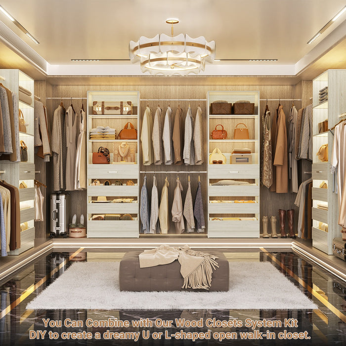 6-15FT Adjustable Closet Organizer with 8 Wooden Drawers, 4 Hanging Rods and Open Storage Shelves