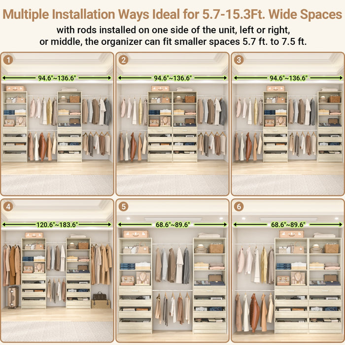 6-15FT Adjustable Closet Organizer with 8 Wooden Drawers, 4 Hanging Rods and Open Storage Shelves
