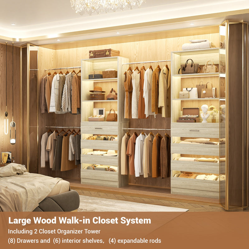 6-15FT Adjustable Closet Organizer with 8 Wooden Drawers, 4 Hanging Rods and Open Storage Shelves